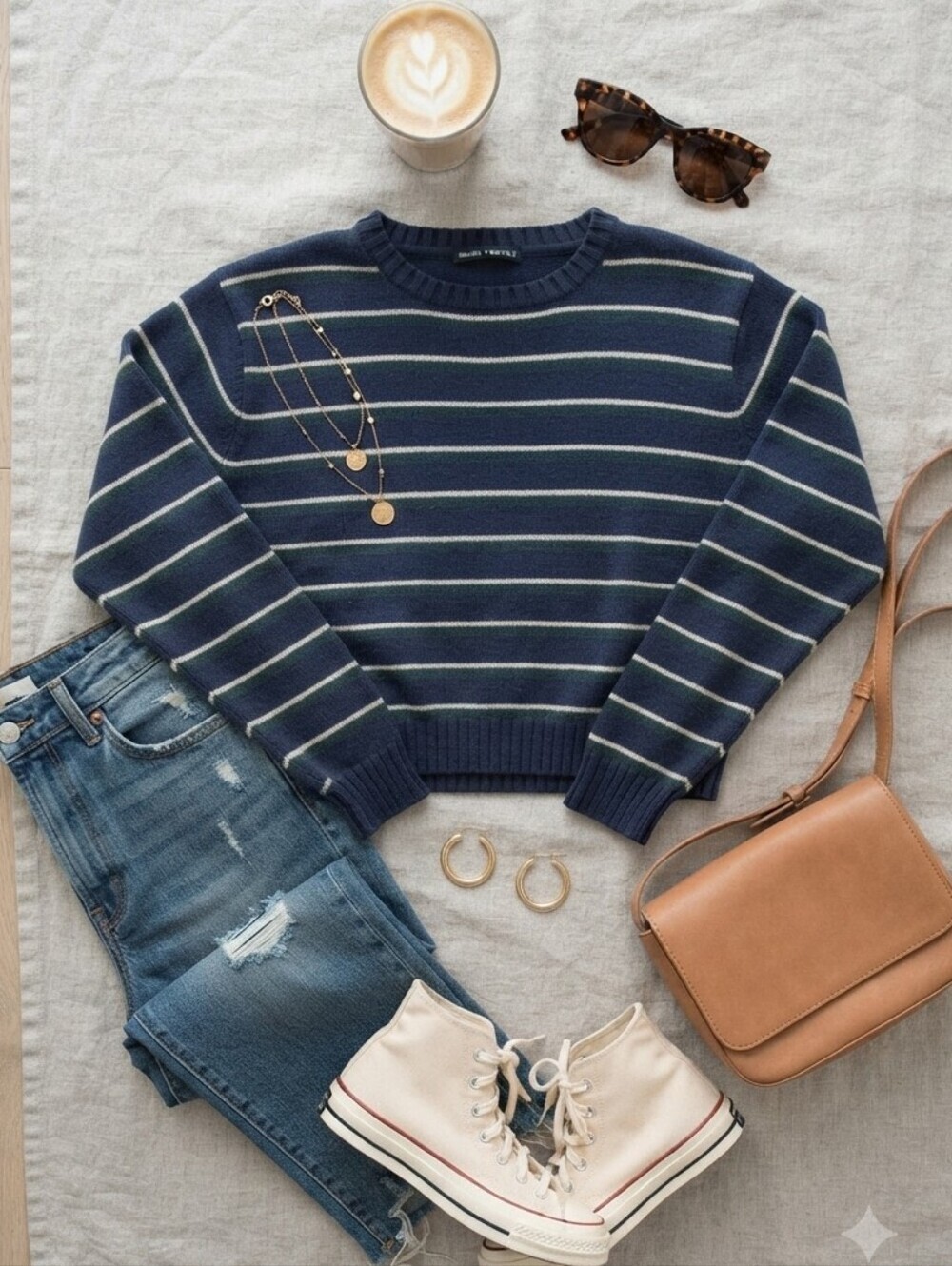 Brandy Melville Navy Green Cream Striped Semi Cropped Knit Sweater